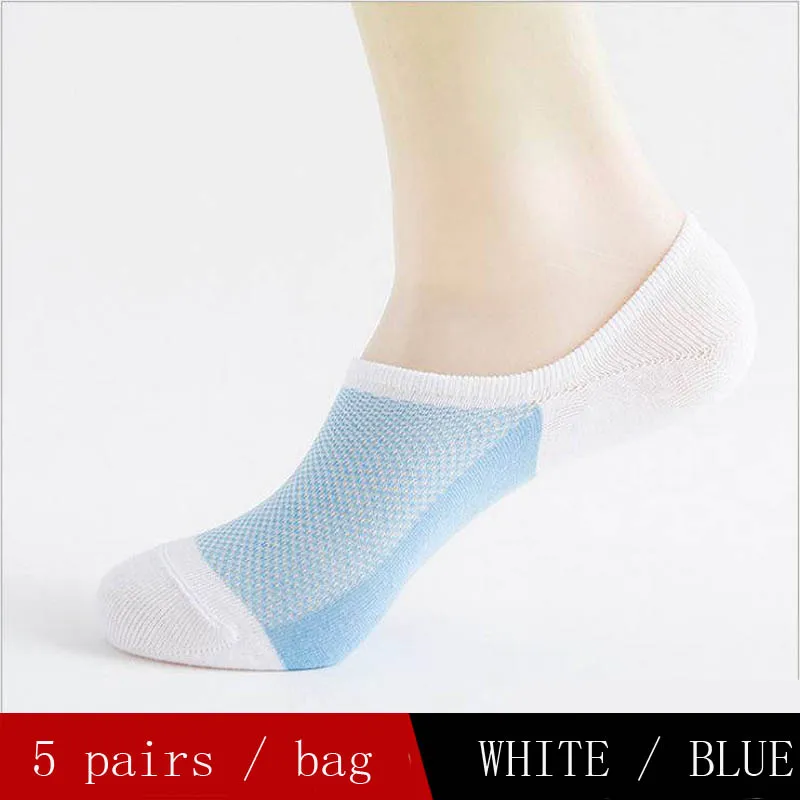 white-blue 5 пар/упак. сетчатые летние мужские хлопковые невидимые носки-башмачки силиконовые Нескользящие стильные цветные Дышащие носки с закрытым носком - Цвет: white-blue