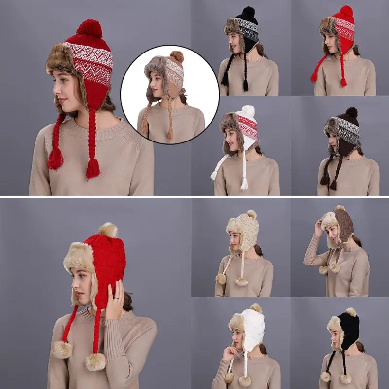 11 Styles Women Winter Thicken Lining Earflap Hat Knitted Contrast Color Snow Ski Beanie Cap Pompom Ball Long Tassels Ear Warmer