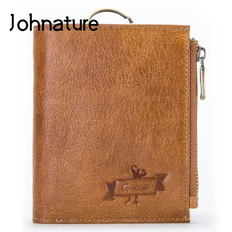 

Johnature 2021 New Genuine Leather Vintage Zipper Solid Short Standard Wallets Detachable Multifunction Men Tri-fold Coin Purse