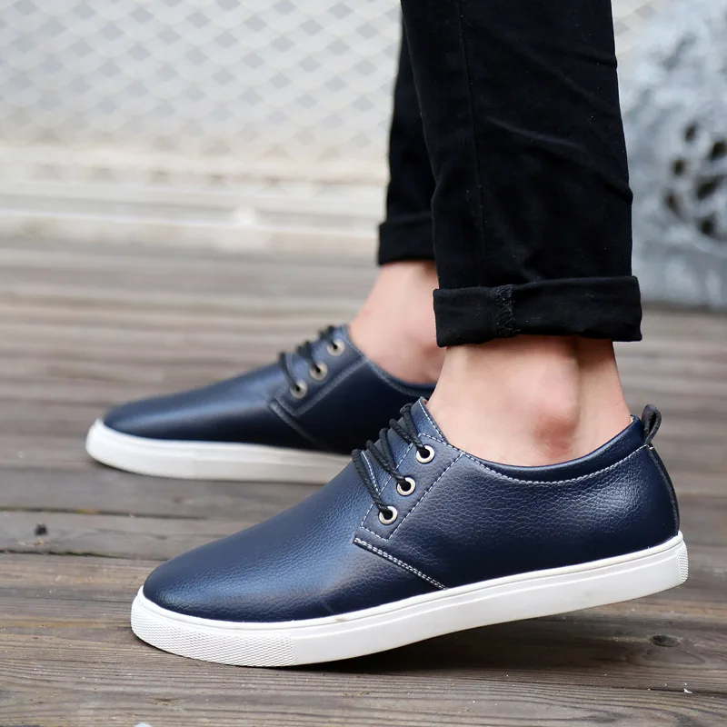 Pop Nice Korean Men Casual Shoes Spring Autumn Male Fashion Large Lace-Up Leather Flats Man Big Size Low Top Waterproof | Обувь