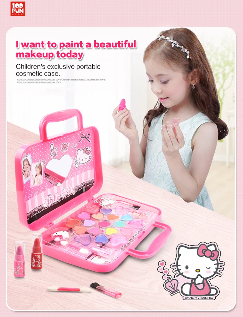 100FUN Children's Toys Girl Cosmetic Set Safety Princess Hello Kitty Makeup Box Little Girl Birthday Gift Toys For Children
