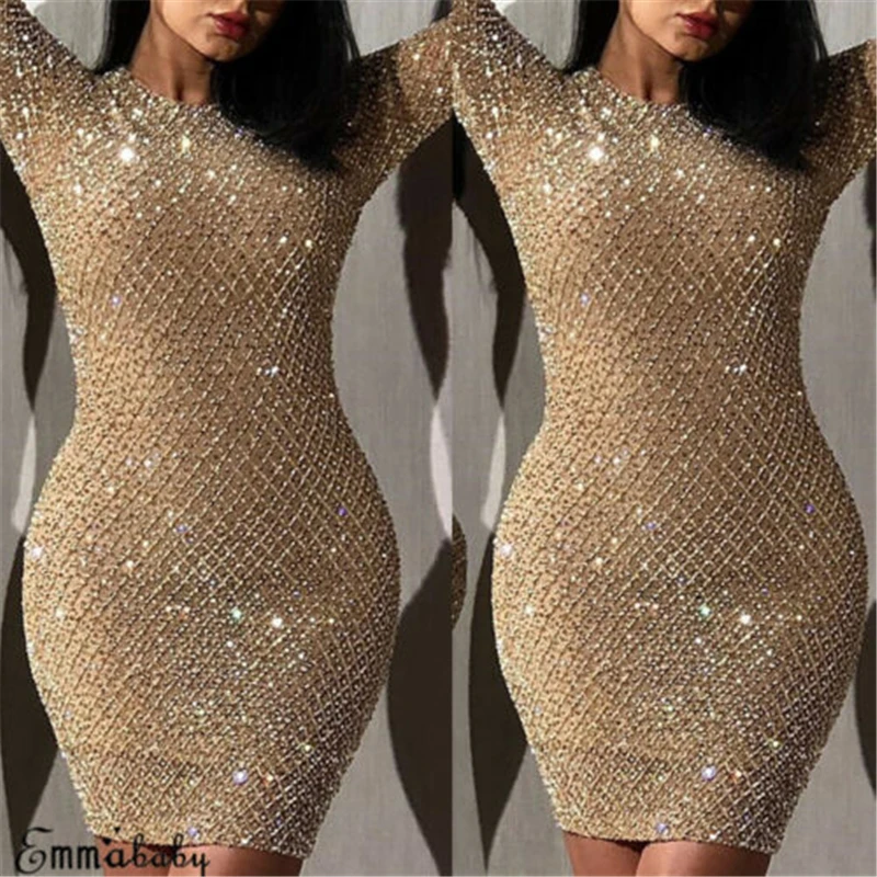 Женское вечернее платье с блестками Золотое короткое карандаш длинным рукавом и