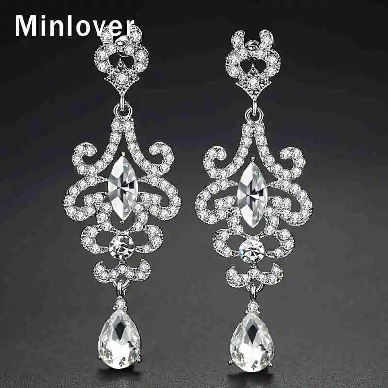 Minlover Стразы Серебряный цвет люстра свадебные серьги-капли для женщин Свадебные