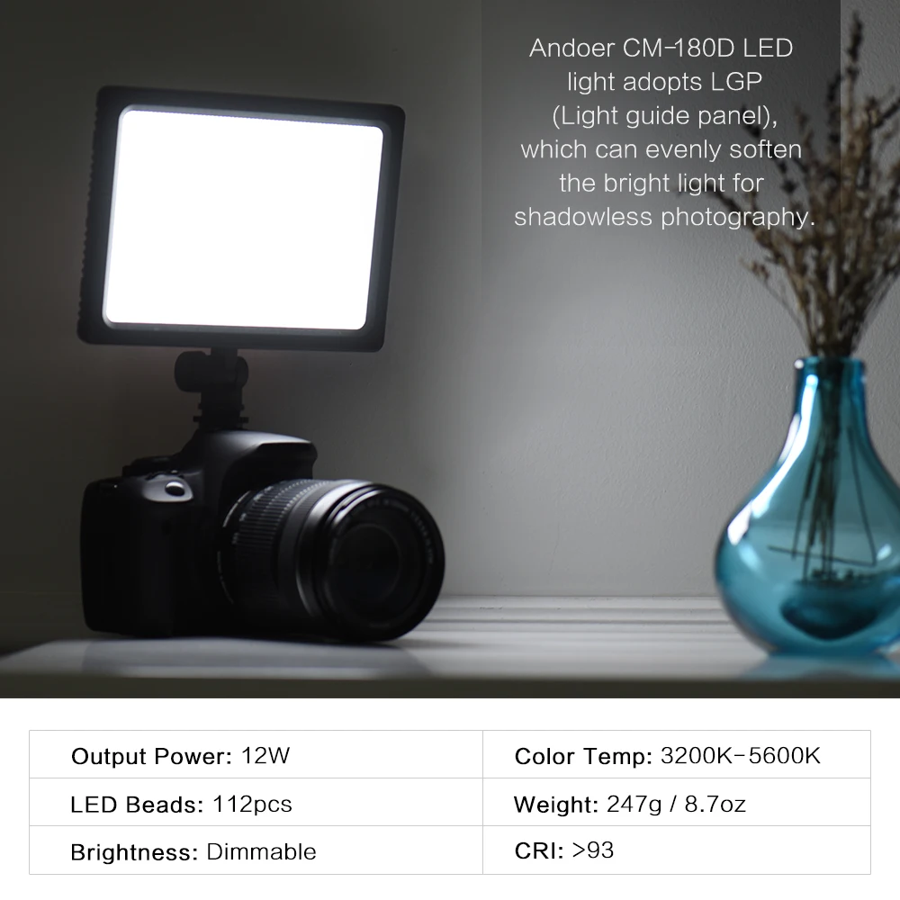 Andoer CM-180D 12W Диммируемый двухцветный 3200K - 5600K светодиодный светильник с ЖК-дисплеем