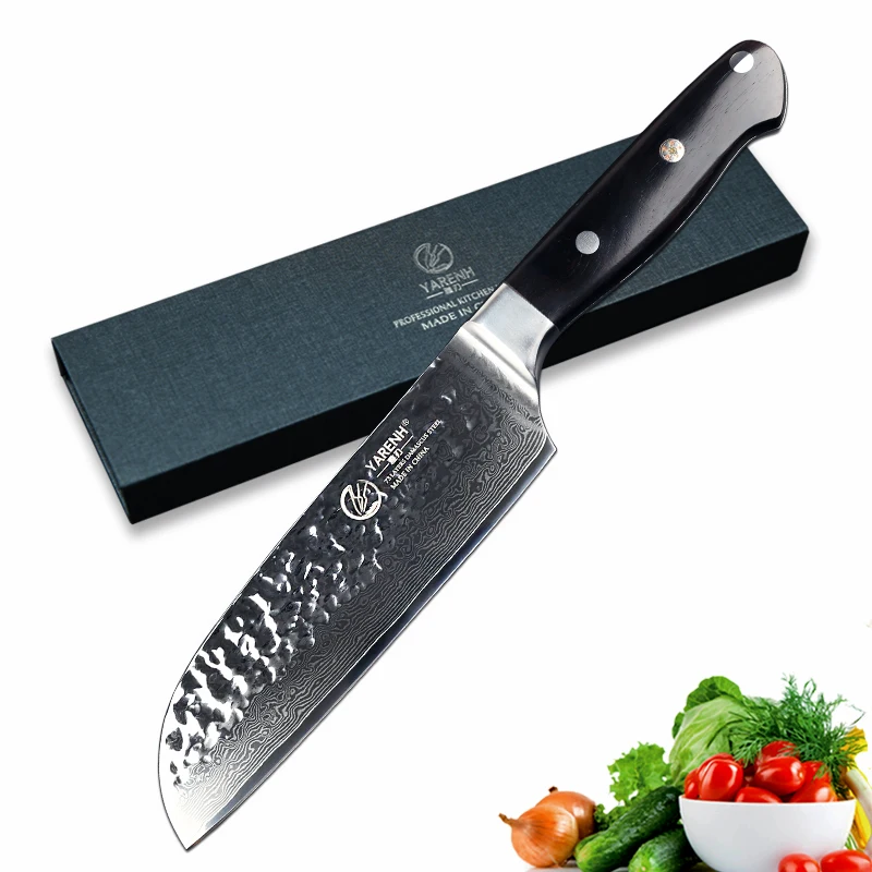 YARENH 7 дюймов нож Santoku Кливер лучший VG10 Дамасская сталь кухонный с эбеновой ручкой