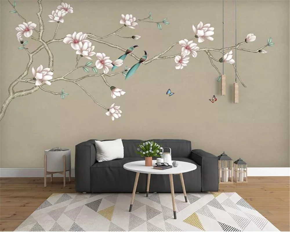 

Customize wallpaper Magnolia hand-painted flowers and birds new Chinese background wall decoration painting wallpaper