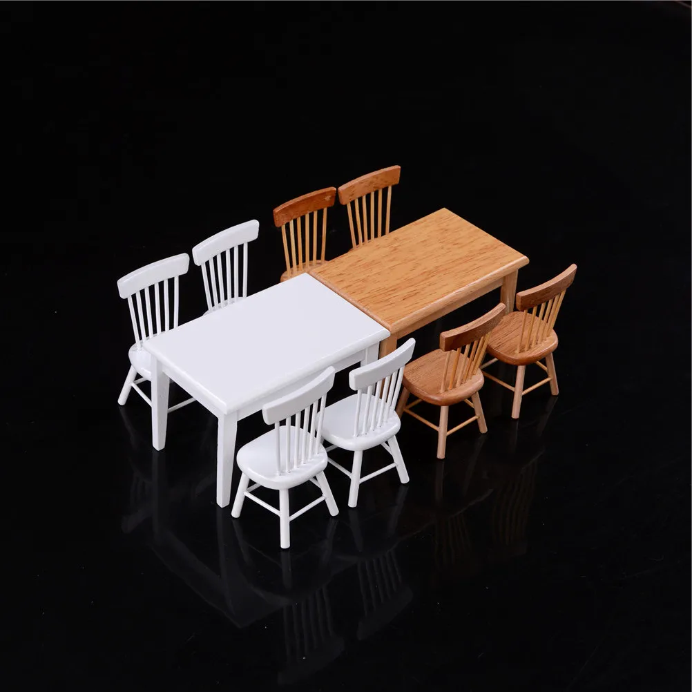 

5Pc/set Dollhouse 1/12 Scale Miniature Wooden Dining Chair Table Furniture Set For Doll house Kitchen Food Furniture Toys 2Color
