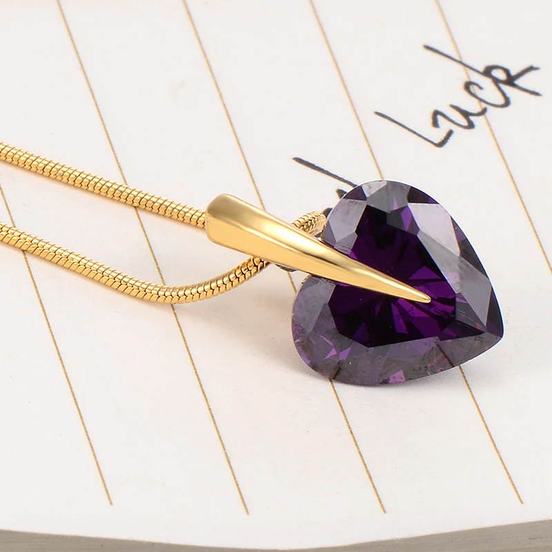 Романтический Позолоченный Сердце Аметист Кристалл Женщины Подвеска Долго