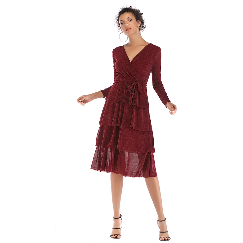 2018 осенне-зимнее Новое Женское бальное платье с v-образным вырезом и длинным