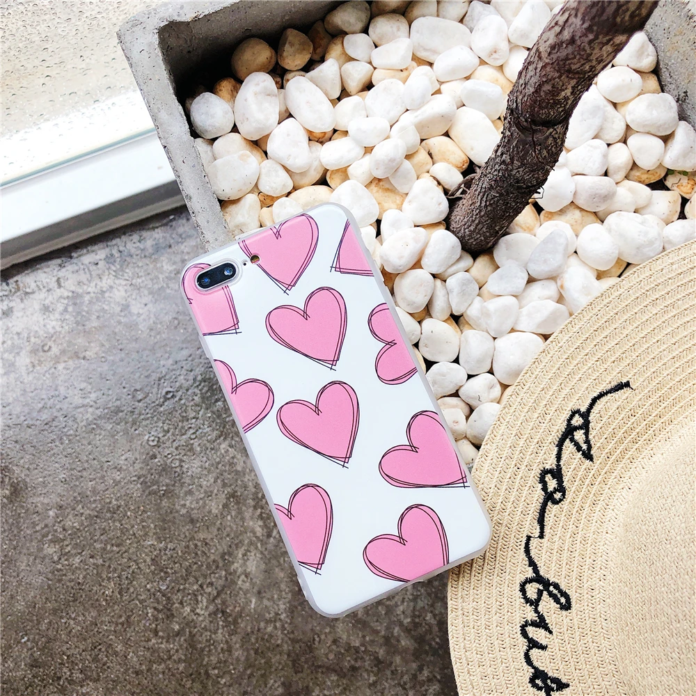 Cases For iPhone 7 Korean Girl Style Love Heart Pink Phone iphone 6S 8 Plus X Matte IMD Soft Silicone Back Cover Funda |