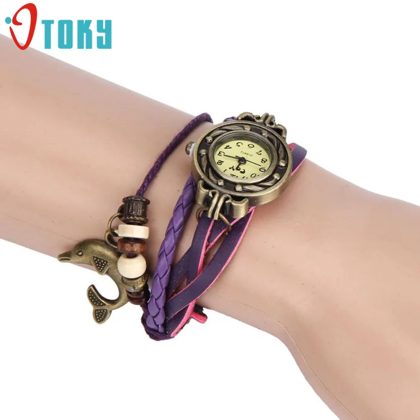 OTOKY Fashion Dolphin Bracelet Women Alloy Leather Quartz Wrist Watch Dropshipping | Наручные часы