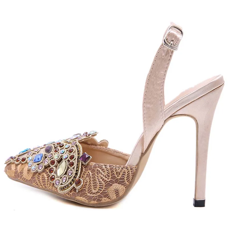 Женские сандалии с ремешком вокруг лодыжки на тонком каблуке украшенные