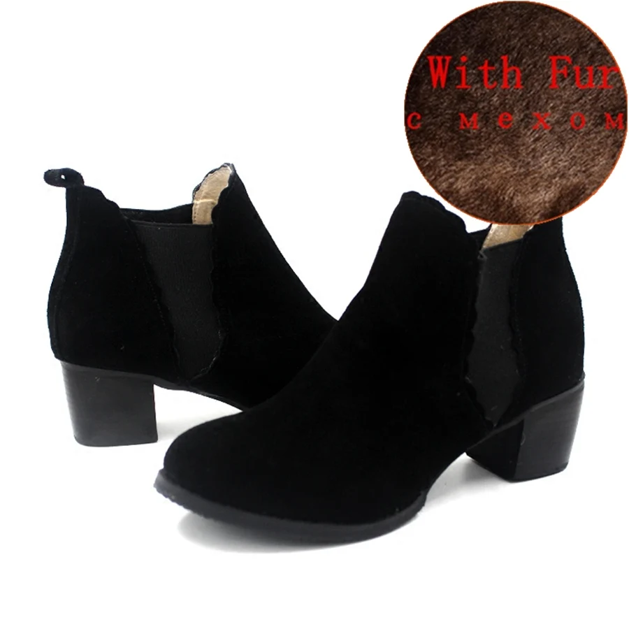 black suede with fur Женские ботильоны «Челси» из натуральной коровьей замши; зимние ботинки на плоской подошве; удобная качественная мягкая обувь; брендовая дизайнерская обувь ручной работы с мехом - Цвет: black suede with fur