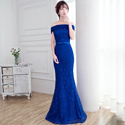Синий Robe De Soiree,, темно-синее кружевное вечернее платье русалки, для невесты, тонкое, сексуальное, с вырезом лодочкой, длина до пола, вечерние платья русалки для выпускного вечера - Цвет: Синий