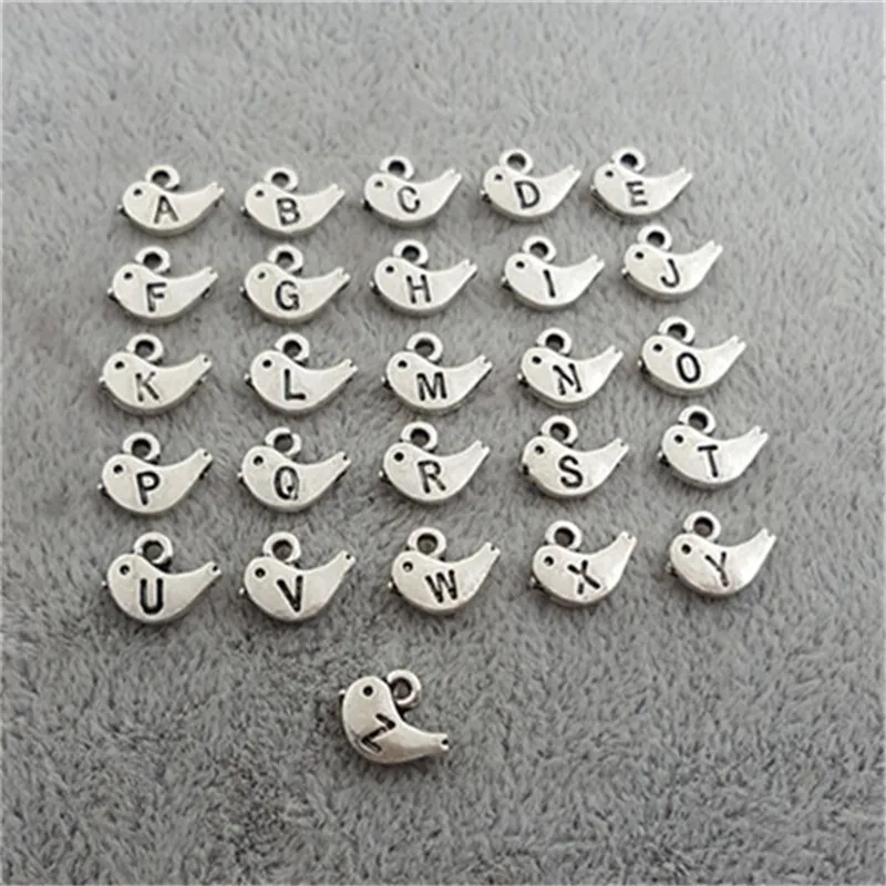 

High Quality 130 Pcs/Lot 9mm Antique Silver Plated Bird Shaped Initial Alphabet Letter Charms For Diy Jewelry Making From A To Z