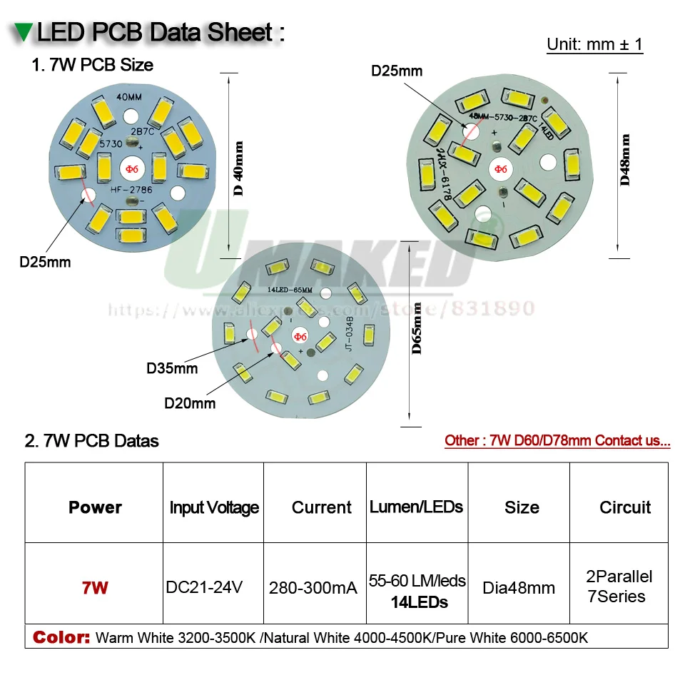 UMAKED 7W 40mm LED PCB Свет установленный SMD 5730 СИД алюминиевая пластина лампы