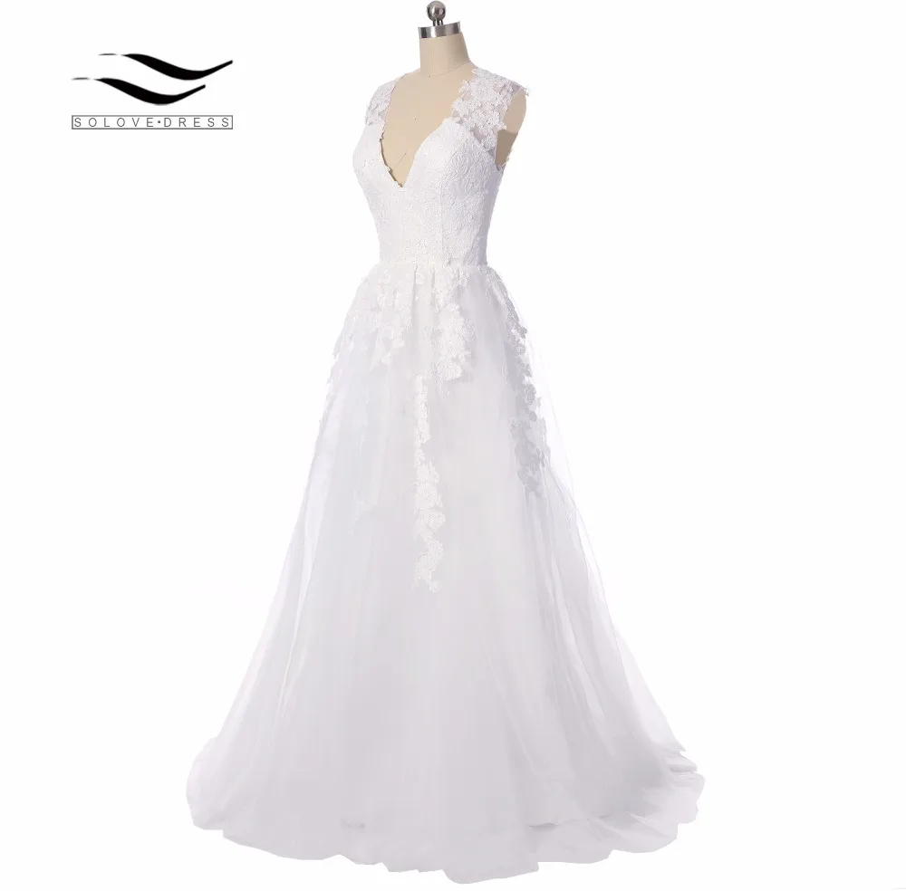 Женское кружевное свадебное платье элегантное фатиновое с V-образным вырезом
