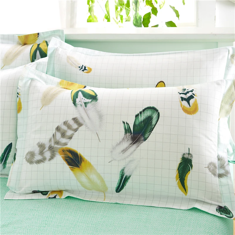 Home Textiles Green Cute Feathers Style 100%Cotton Bedding Sets 4Pcs Of Duvet Cover Bed Sheet Pillowcase King Queen Full Twin | Дом и сад