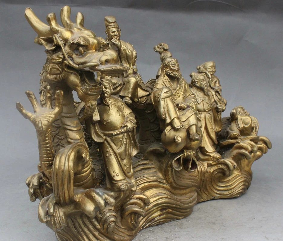 14 Chinese Folk Myth Brass Eight Immortal God Ride Dragon Crossing River Statue | Дом и сад