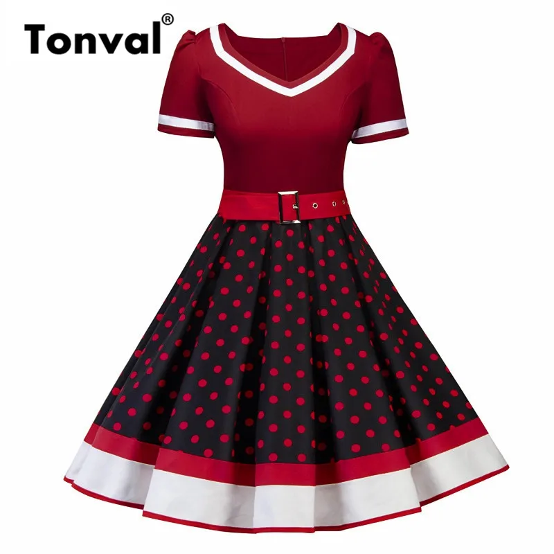 Бургундия Tonval винтажное красное платье в горошек 1950s с коротким рукавом контрастного цвета, элегантное плиссированное платье в стиле ретро - Цвет: Бургундия