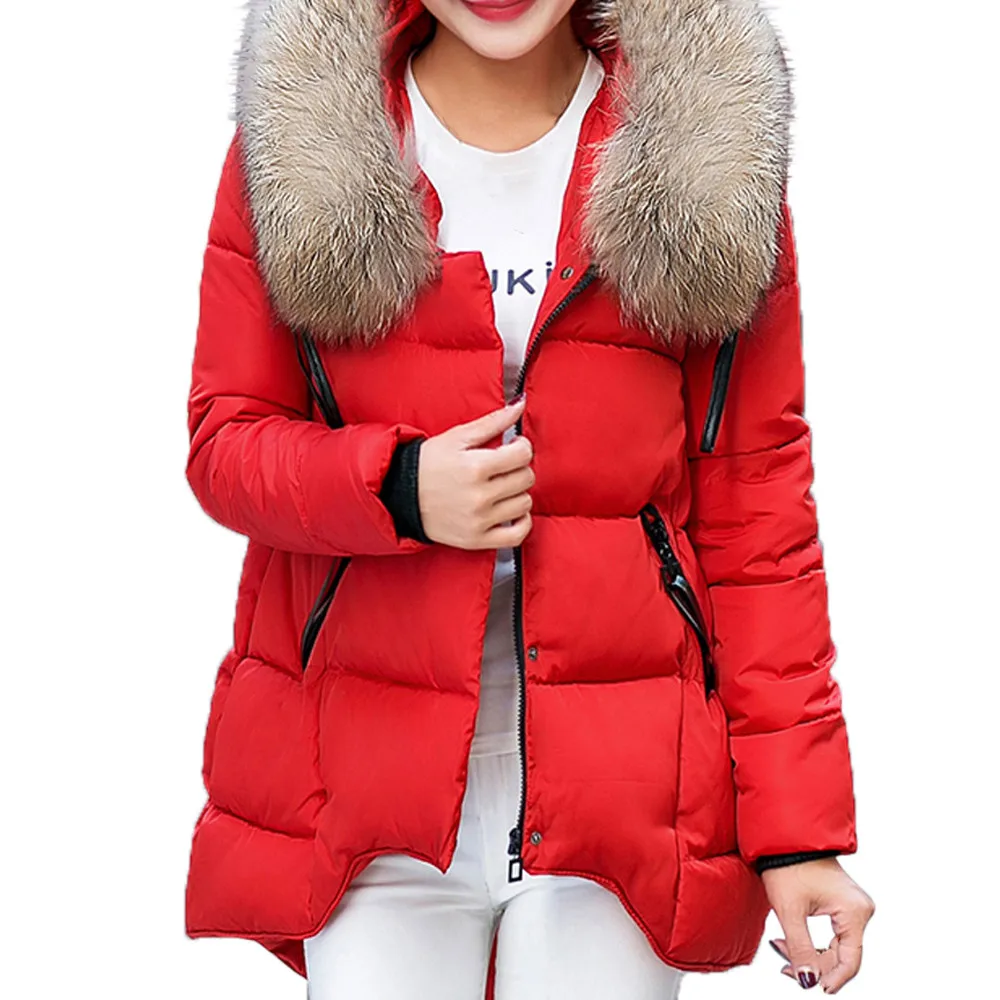 Red Winter Parkas jackets Women Clothing Fashion Casual Slim Thick Fur Collar Warm Hooded Outwear Coats Parkas With Hooded Overcoats - Color: Red