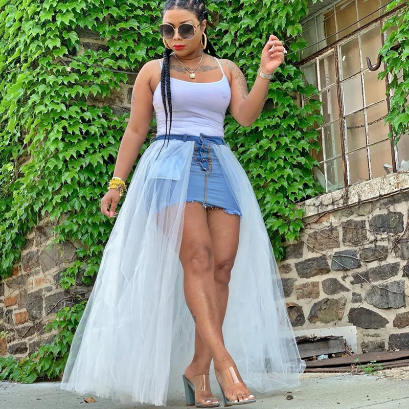 Летняя Тюлевая юбка пачка Женская Лоскутная сетчатая джинсовая карандаш с