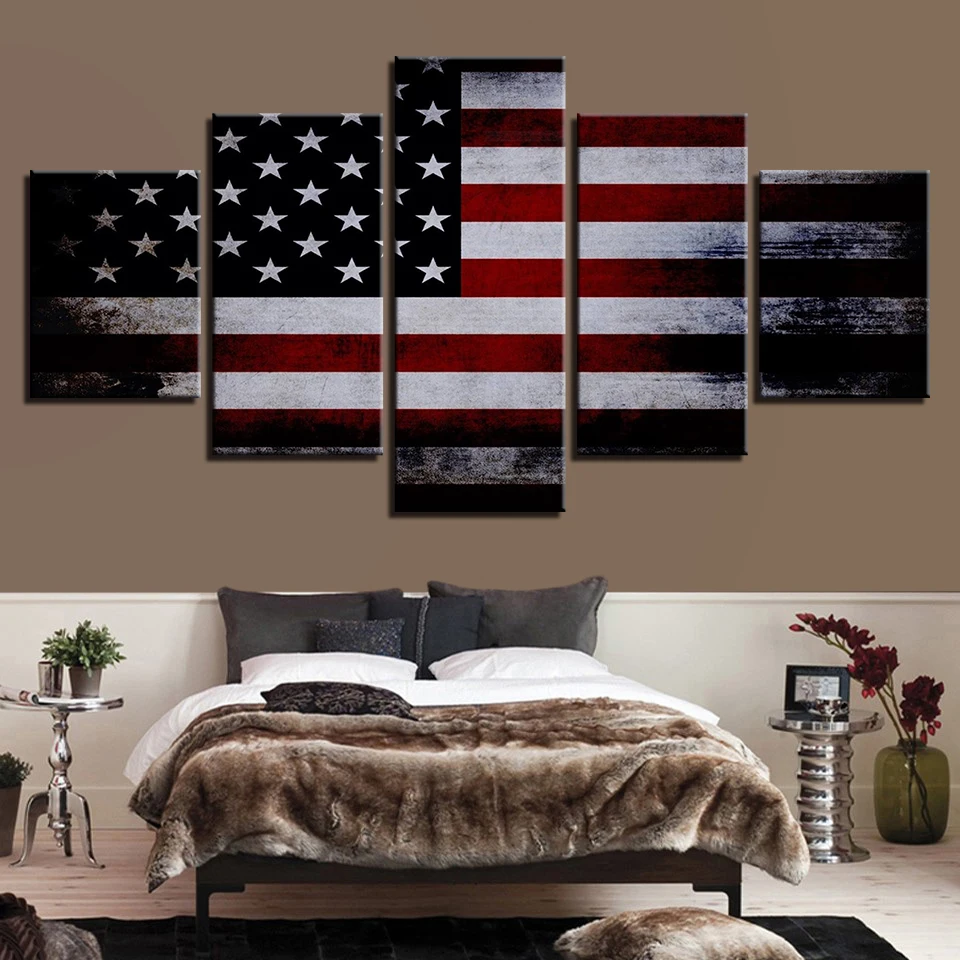 Canvas Paintings Modular Living Room Wall Art 5 Pieces American Flag Pictures Print Vintage Abstract Poster Home Decor Framework | Дом и сад