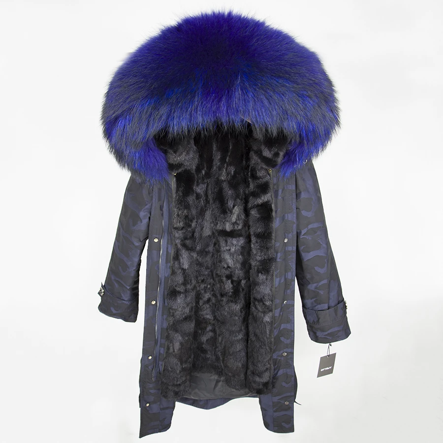 blue Camouflage 22 OFTBUY,, пальто с натуральным мехом, X-long, Камуфляжная парка, зимняя куртка для женщин, большой воротник из натурального меха енота, капюшон, подкладка из натурального меха норки - Цвет: blue Camouflage 22