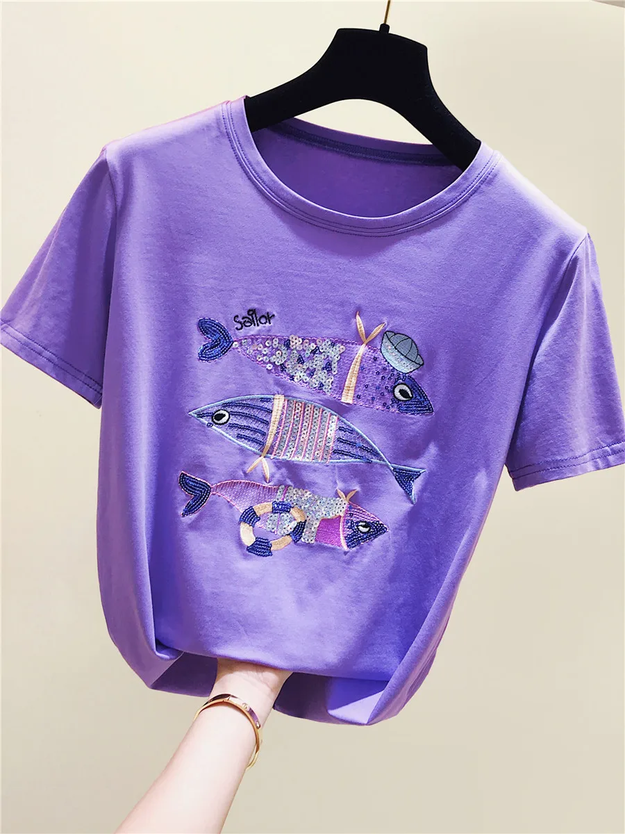 

Korea New Summer Fashion O Neck Loose Pullovers Top Sequins Fish Embroidery Cotton Basic Tshirts Short Sleeve Students T-shirt