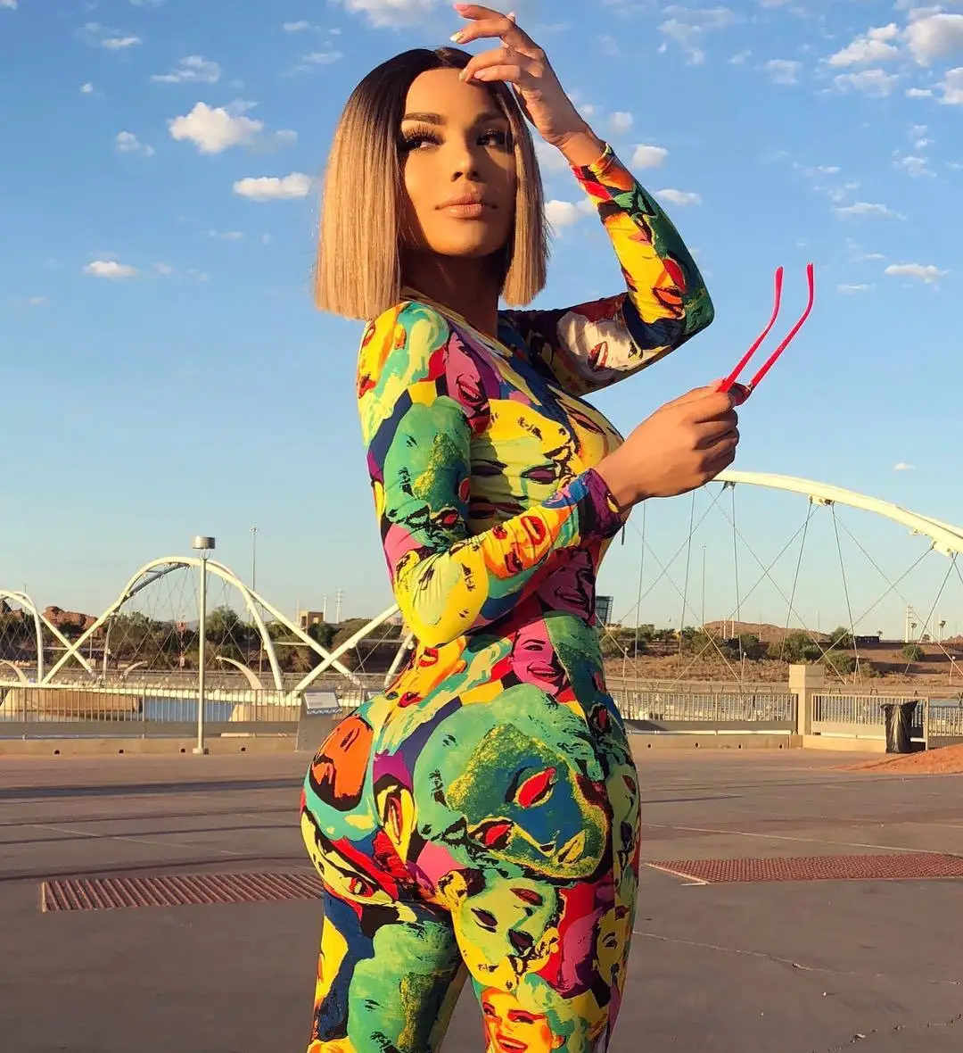 2019 г. летние женские Тощий bodycon характер печати на молнии Комбинезон пляжный
