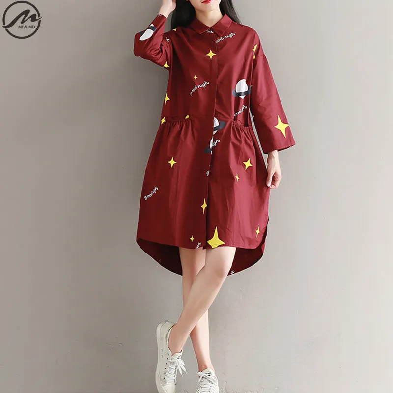 MIWIMD Large Size Women Autumn Dresses 2017 New Fashion Casual Loose Cotton Linen Long Sleeve Vintage Printed Shirt Dress | Женская