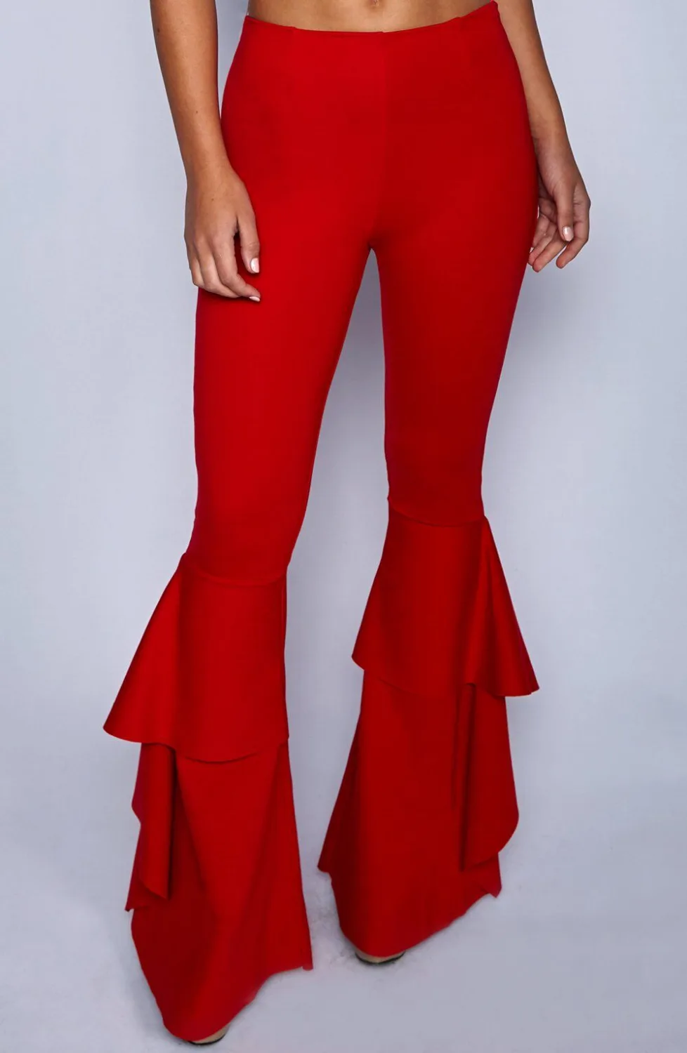 Hippie Women Enthusiastic Red Ruffles Slim Flare Pants Elastic Bottom 2018 Fashion Summer New Wide Leg Trouser Elegant Clothing | Женская