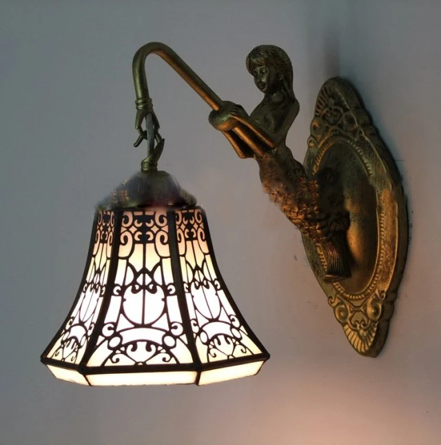 Тиффани-барокко винтажный витражный настенный светильник из железа русалки