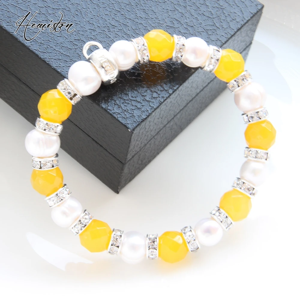 Томас желтый оникс из бисера Пресноводный Жемчуг стразы браслет с фирменной Шарм
