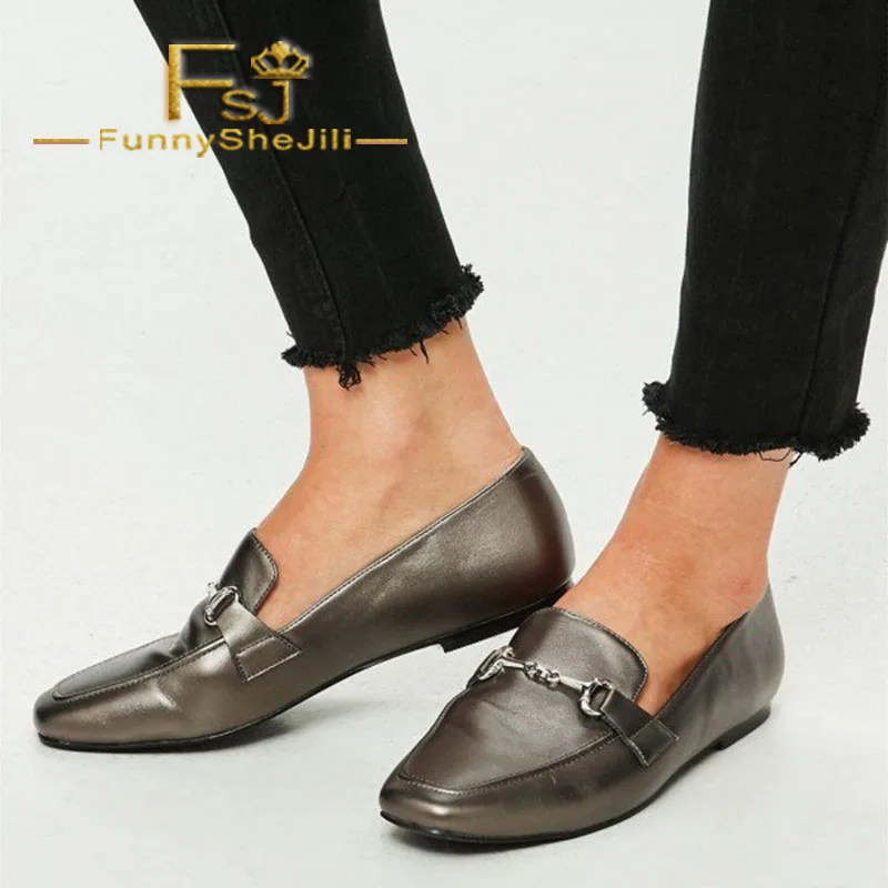 

FSJ Retro Dark Grey Square Toe Women Flats Elegant Chain Slip on Office Loafers for Ladies Comfortable Dress 2022 Autumn