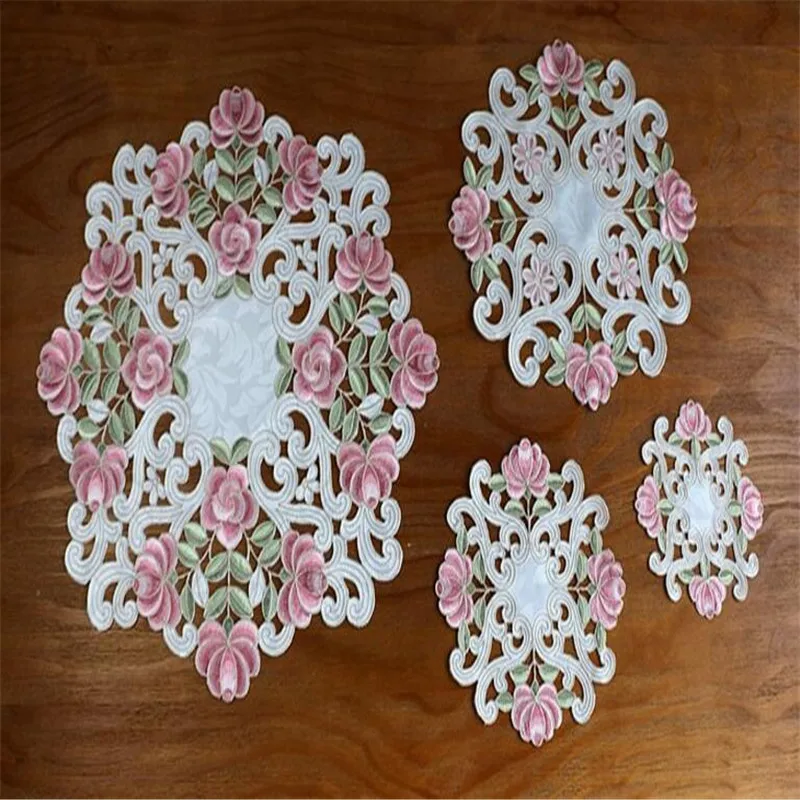 Бесплатная доставка розовый ажурный вышитый кофейный коврик для столовой чехол