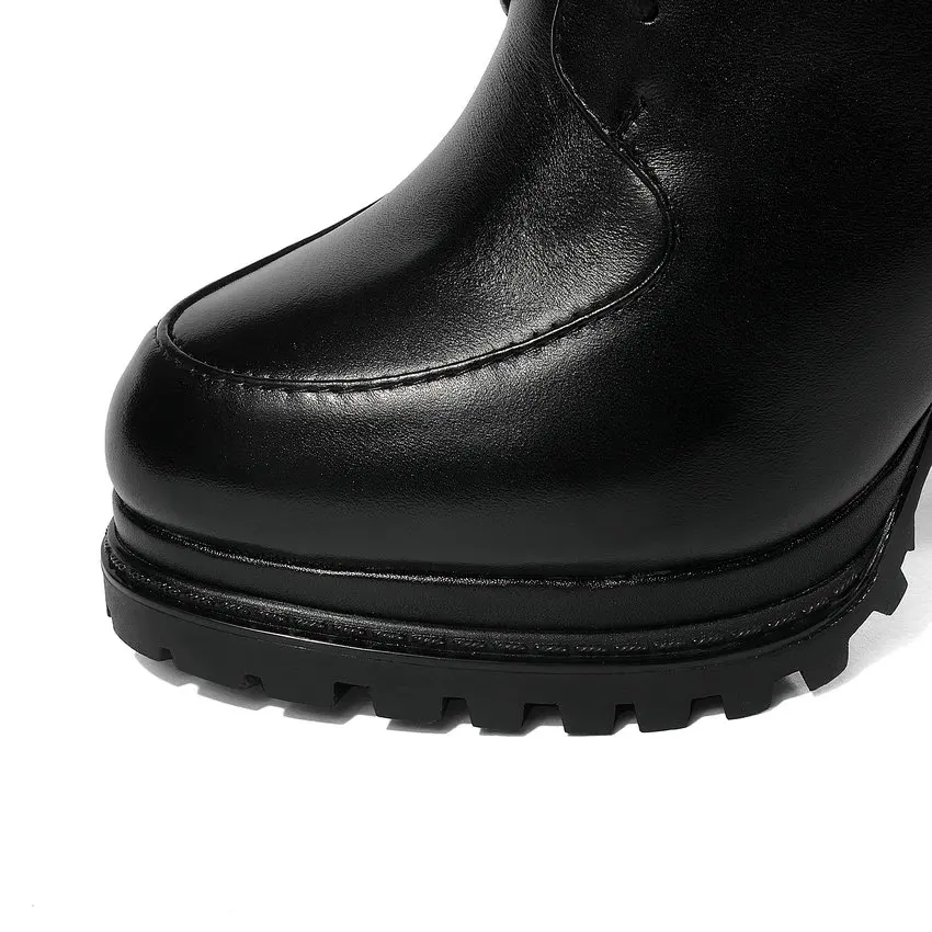 QUTAA Square Heel Warm Fur Autumn Winter Women Shoes Genuine Leather Lace Up Zipper Fashion Platform Ankle Boots Size 34-39