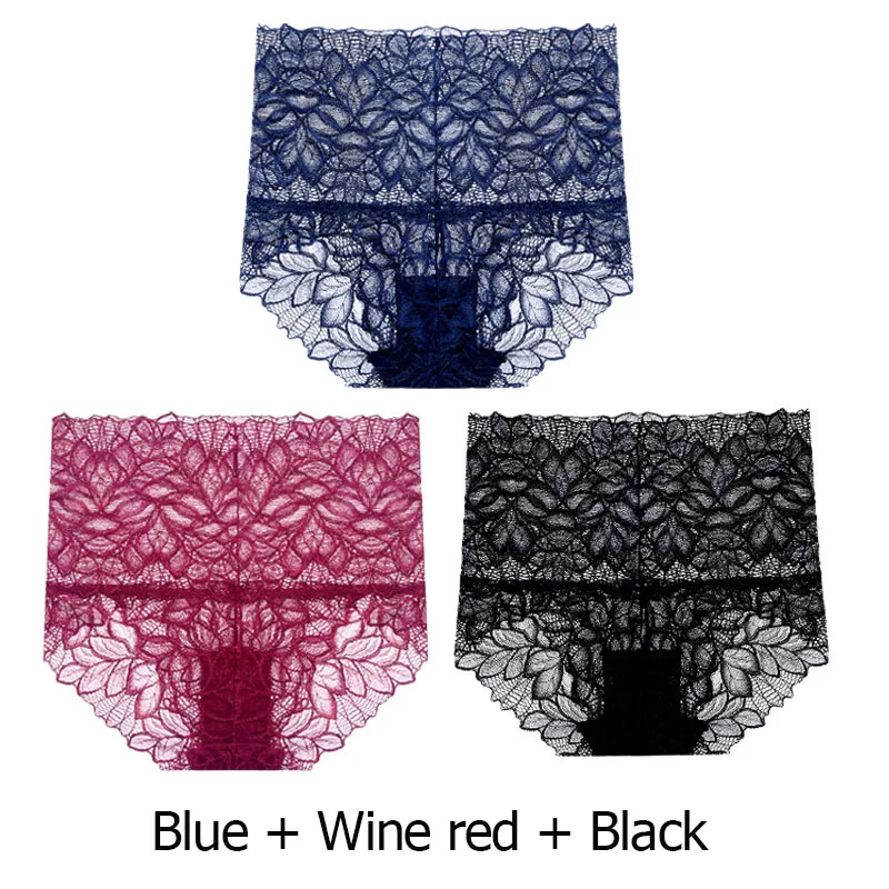 blue black wine red 3 шт./партия, женские трусики, сексуальное нижнее белье, дышащие, с высокой талией, трусики для женщин, хлопок, промежность, женские кружевные трусики - Цвет: blue black wine red