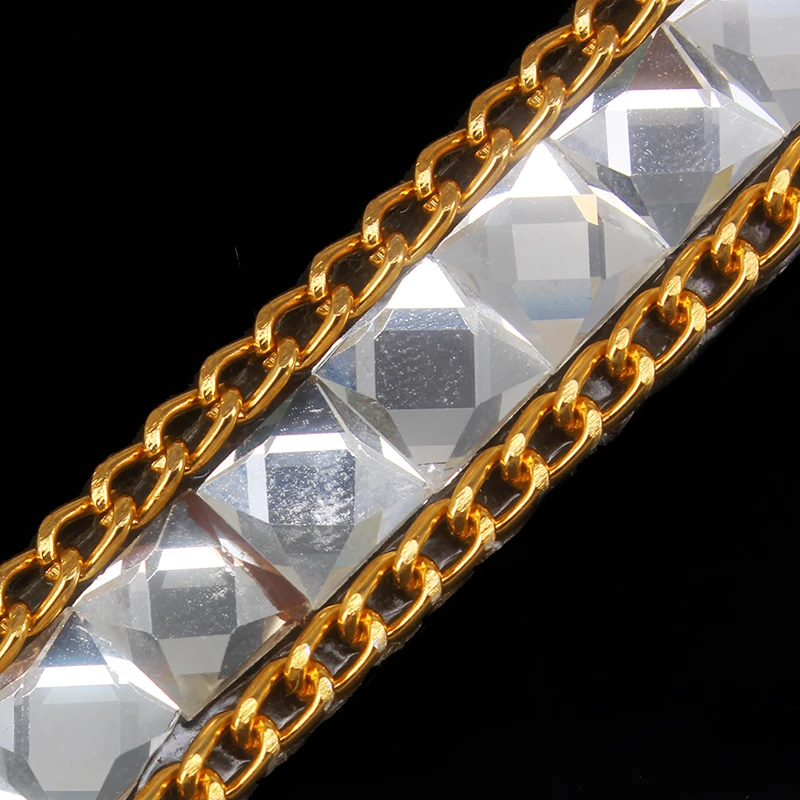 

5yard Square White Rhinestones Crystal with Gold Chain Iron on Hotfix Crystal Reel Chain Costume Applique Embellishment TrimT395
