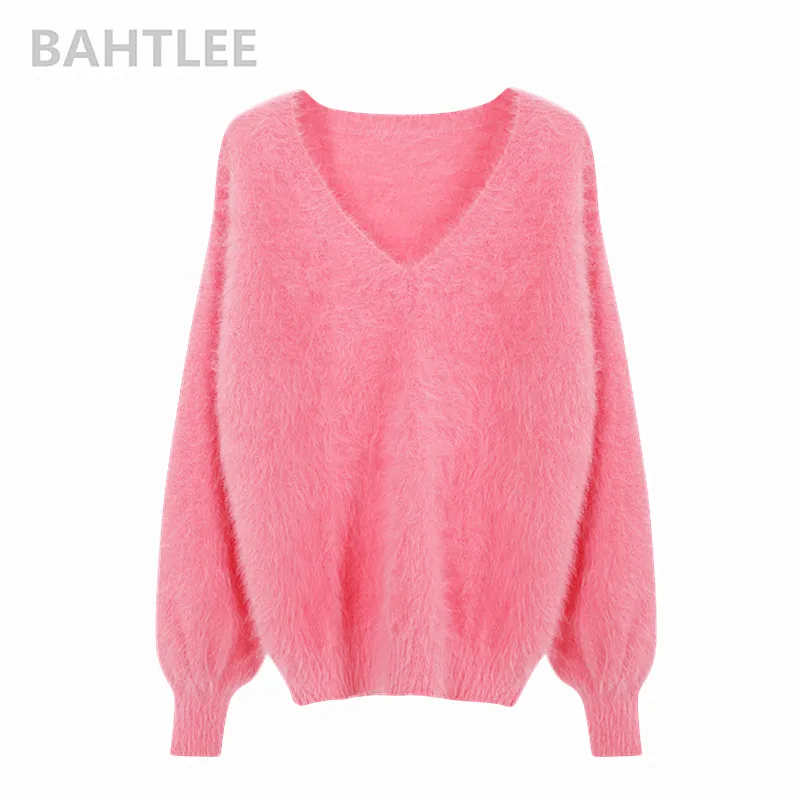 PINK BAHTLEE зимний женский джемпер из Ангорского Кролика, свитер с v-образным вырезом и рукавом-фонариком, норковый кашемировый вязаный пуловер, сохраняющий тепло, толстый свободный - Цвет: PINK