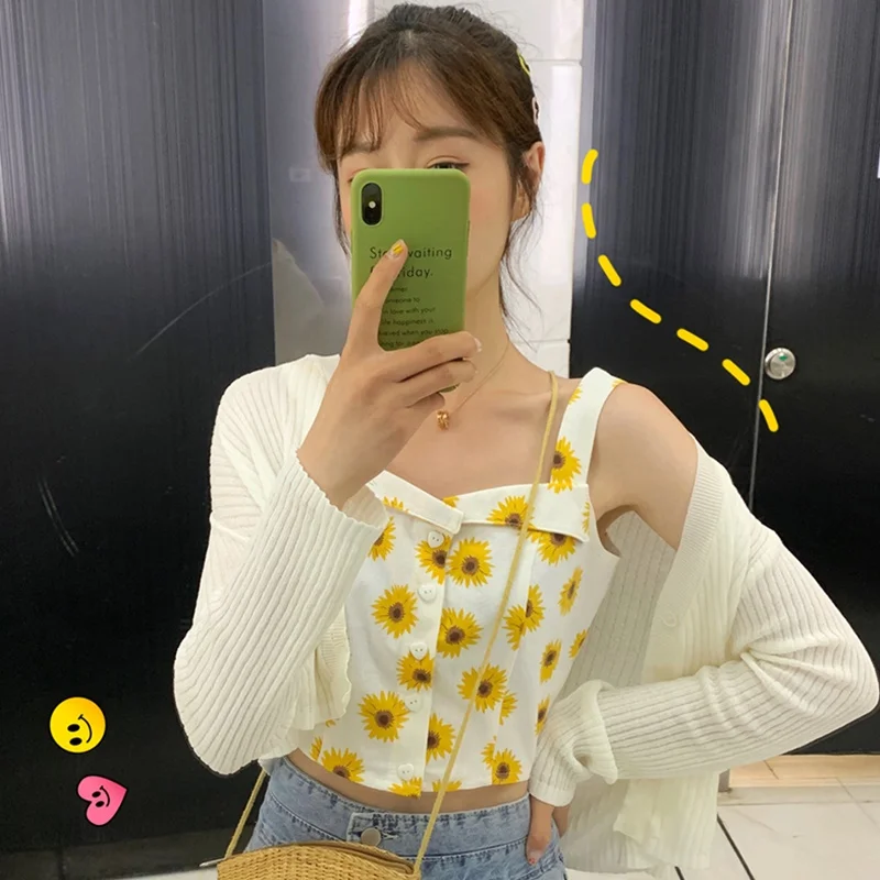 Укороченные топы милые майки на бретелях спагетти с пуговицами модные брендовые