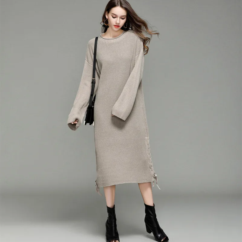 Однотонное кружевное женское длинное платье-свитер повседневный наряд на