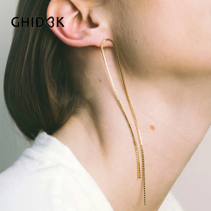 

GHIDBK реальные 925 пробы серебро Длинная тонкая цепочка серьги для Для женщин минималистский бар нити серьги Простой уха нити серьги