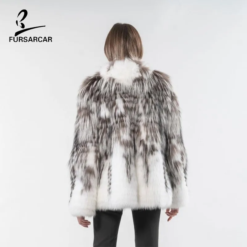 Женская Шуба с лисьим мехом FURSARCAR коричневое/белое пальто на натуральном меху 2019 |