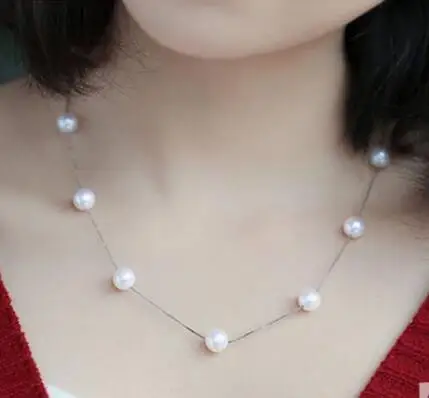 

free shipping Noble jewelry 7 beads natural 9-10mm south seas white pearl necklace 18inch