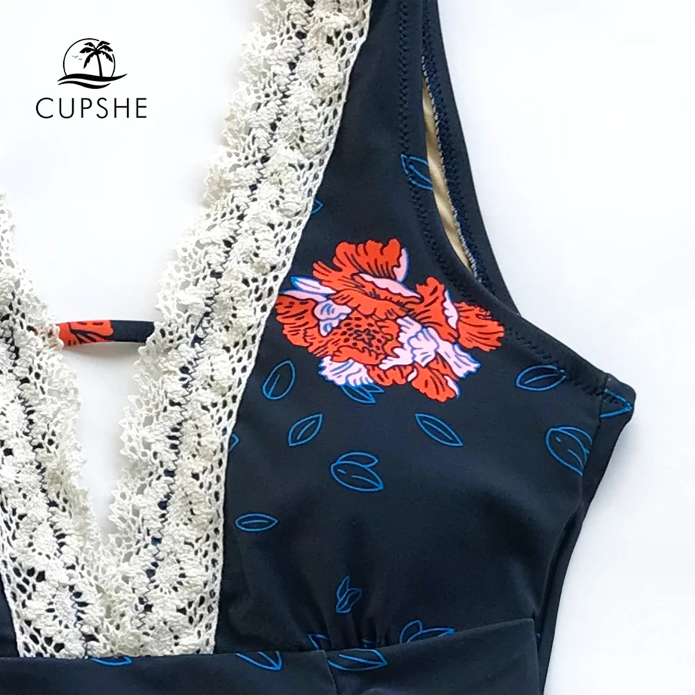 CUPSHE, темно-синий, цветочный принт, кружевной Цельный купальник, женский, v-образный вырез, без спинки, монокини,, пляжный купальник, купальник