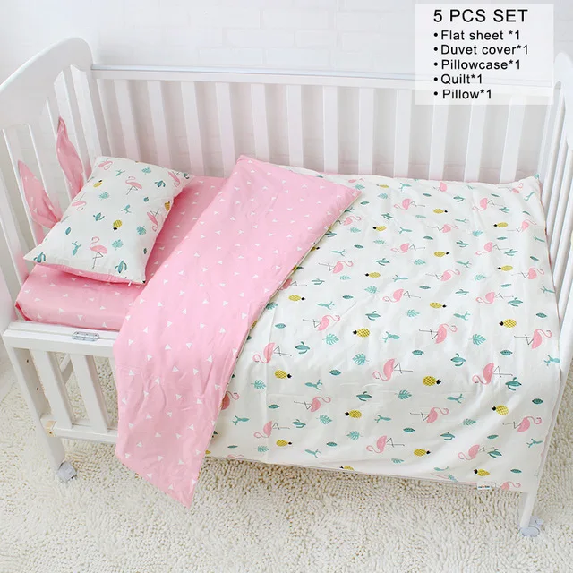 Flamingo 5 pcs set Детский комплект постельного белья с рисунком фламинго, комплект для детской кроватки, включая детскую кроватку, бампер, плоский лист, наволочка, пододеяльник, детская кровать, подвесная сумка для девочек - Цвет: Flamingo 5 pcs set