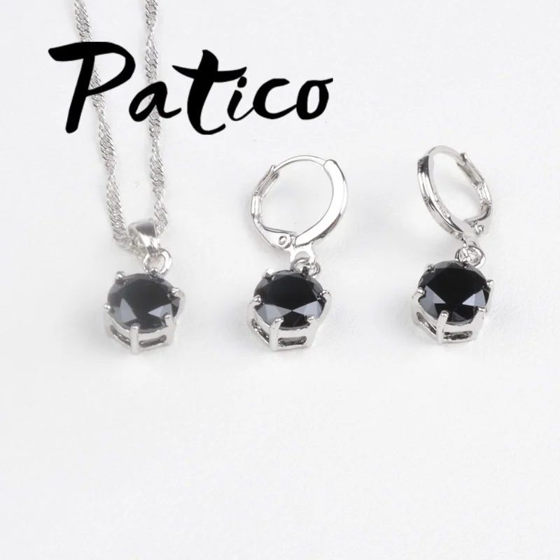 Vintage Simple Style Round Black CZ Crystal Jewelry Sets 925 Sterling Silver Earrings Pendant Necklace for Women Wedding | Украшения и