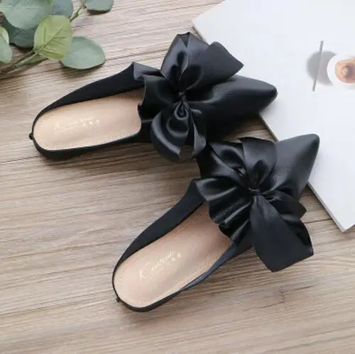 Pointed Toe Black Большие размеры 42-43; туфли без задника с лентой; женские шелковые сандалии с ремешками; шлепанцы на плоской подошве с квадратным носком и бантом; Цвет белый; Pantufa; женские вьетнамки - Цвет: Pointed Toe Black