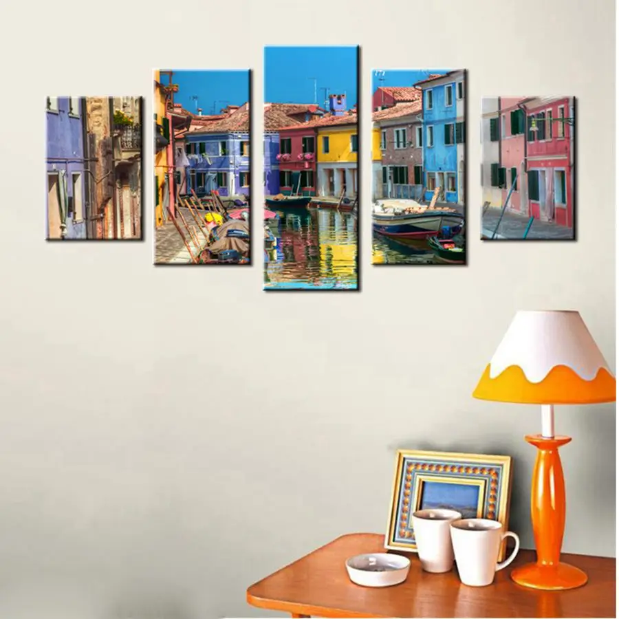 

Venice Colorful House Gondola Boat Painting Print Hallway Porch Wall Art Landscape Picture for Home Room Office Wall Decor